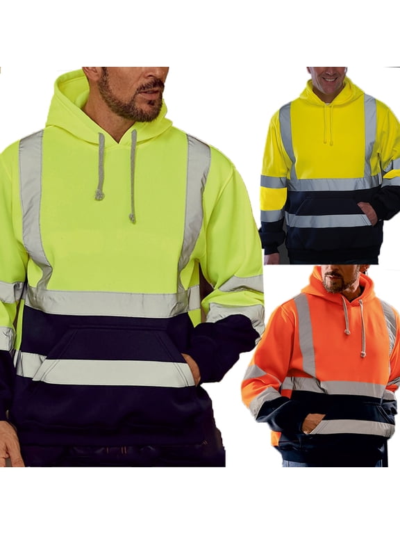 Mens High Visibility Sweatshirts Class 3 Reflective Safety Hoodies Fall Winter Fleece Lined Jackets Drawstring Hooded Sweatshirts with Pocket Orange XXL