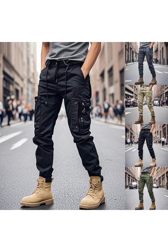 Mens Tactical Cargo Pants with MultI Pockets Big and Tall Elastic Bottom Hiking Outdoor Pants Casual Drawstring Elastic Waist Workout Pants Black L