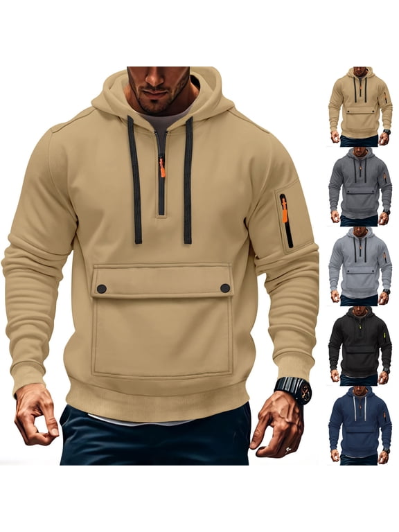 Mens Tactical Hoodies Pullover Casual Quarter Zip Up Military Hoodie Sweatshirt with Sleeve Pocket Fall Winter Workout Long Sleeve Tops Black XXXL