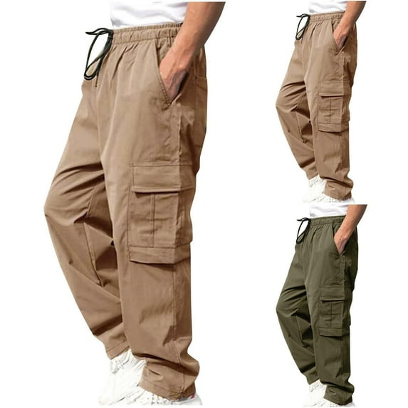 CFLVAEK Mens Twill Cargo Pants Big and Tall Drawstring Elastic Waist Cargo Hiking Pants Loose Fit Wide Leg Workout Outdoor Pant Khaki XL