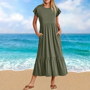 CFLVAEK Midi Dresses for Women Casual Round Neck Solid Tiered Midi Dress with Pockets Short Sleeve T-Shirt Dresses
