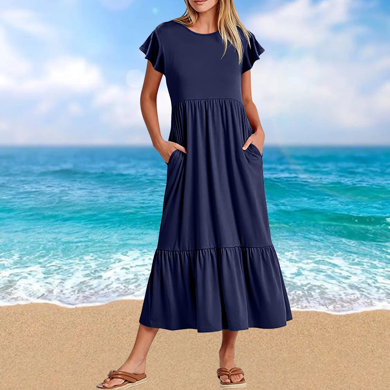 Cflvaek Midi Dresses for Women Casual Round Neck Solid Tiered Midi Dress with Pockets Short Sleeve T-Shirt Dresses, Women's, Size: Large, Black Cflvaek Midi Dresses for Women Casual Round Neck Solid Tiered Midi Dress with Pockets Short Sleeve T-Shirt Dresses, Women's, Size: Large, Black