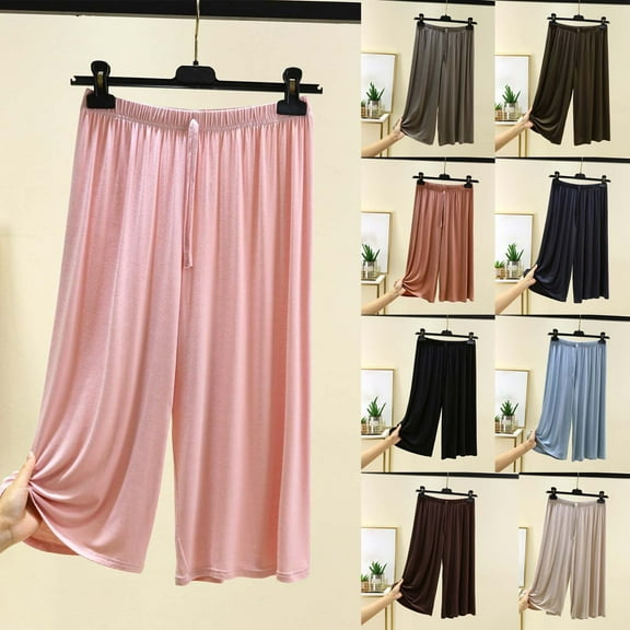 CFLVAEK Modal Pants women Comfy Drawstring Elastic Waist Capri Pants Lightweight Wide Leg Lounge Capris Solid Color Summer Casual Capris Pants Beige XL