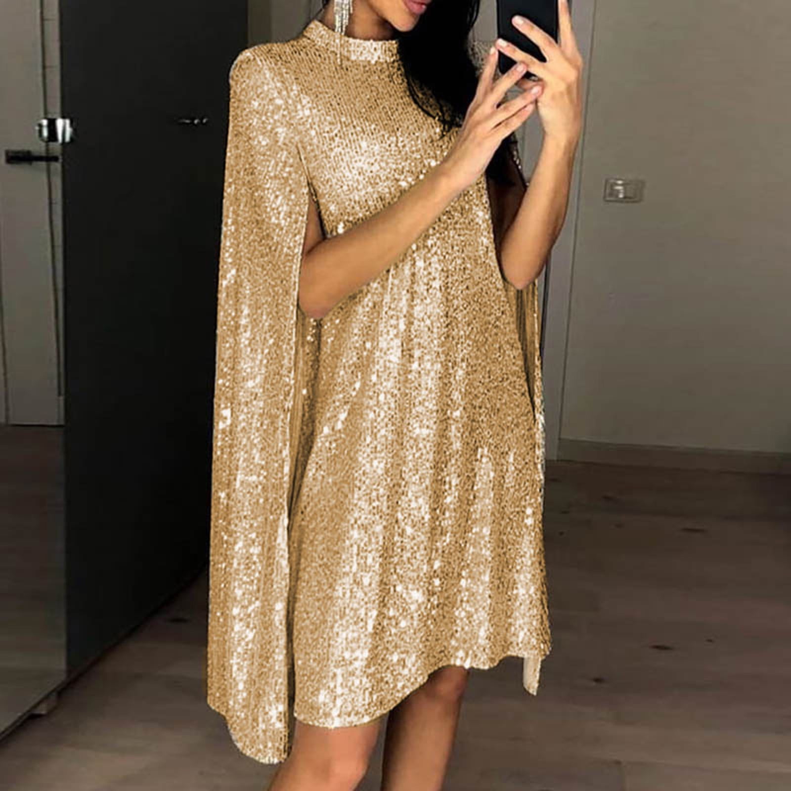 CFLVAEK Night Club Sequin Dresses for Women Elegant Mock Neck Mini Dress  Sparkly Solid Cocktail Party Dresses with Shawl Gold XL - Walmart.com