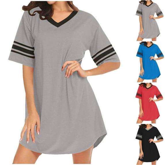 CFLVAEK Nightgowns for Women Comfy Short Sleeve Sleep Shirt Soft Pajama Dress Loose Fit V Neck Sleepwear Color Blocked Print Loungewear XL
