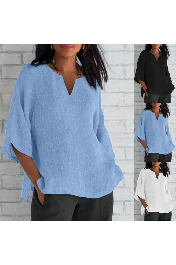 Notch V Neck T Shirts for Women Plus Size Cotton Linen Shirt Oversized Half Sleeve Shirts Casual Summer Going Out Tops Black XXXL