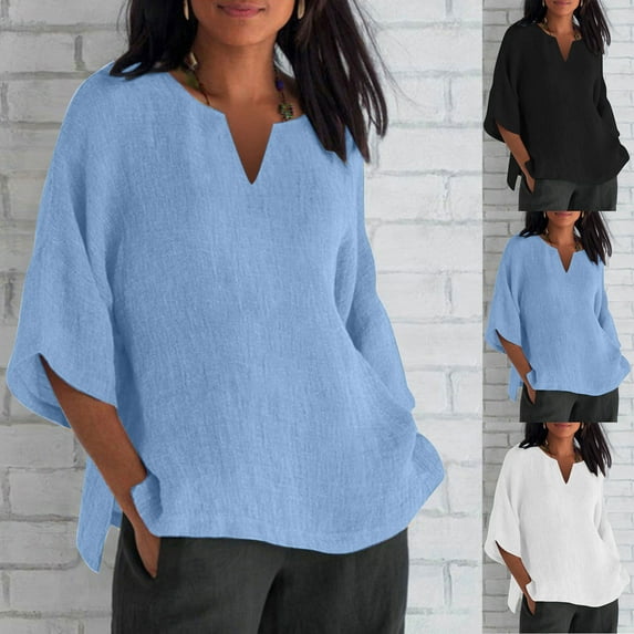 CFLVAEK Notch V Neck T Shirts for Women 2025 Plus Size Cotton Linen Shirt Oversized Half Sleeve Shirts Casual Summer Going Out Tops Blue M