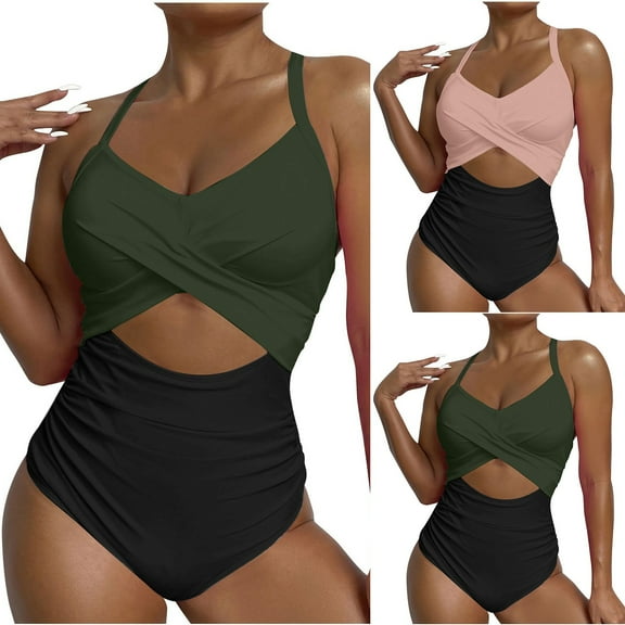 CFLVAEK One Piece Swimsuits for Women Cut Out Tummy Control Bathing Suit Color Block Tie Back Swim Suits Criss Cross Back Cheeky Swim Suit 2025 Green M