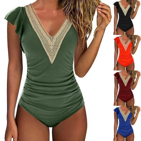 CFLVAEK One Piece Swimsuits for Women Tummy Control Lace V Neck Swimsuit Solid Color Ruffle Sleeve Bathing Suit Summer Ruched Modest Swim Suits Orange L