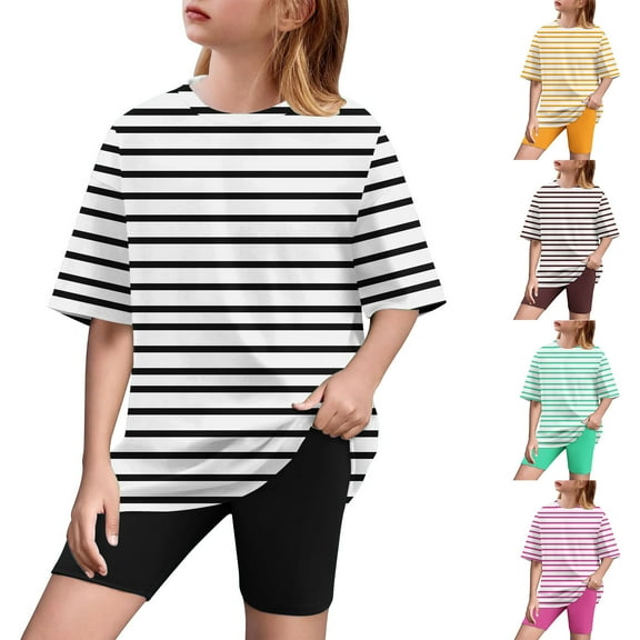 CFLVAEK Outfit Sets for Girls 2 Piece Striped Print Short Sleeve Crewneck Tshirts and Bike Shorts Summer Casual Beach Vacation Clothing Sets Size 10 Years