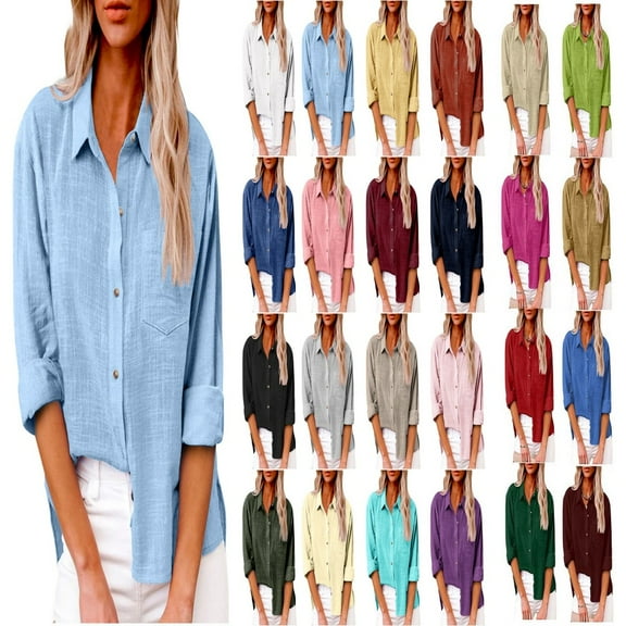 CFLVAEK Oversized Cotton Linen Shirts for Women Loose 3/4 Sleeve Solid Tunic Tops Casual V Collar Button Down Henley Blouses Black 3XL