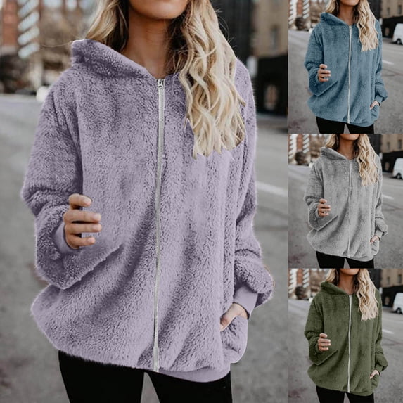 CFLVAEK Oversized Hoodies for Women Zip Up Sherpa Fuzzy Fleece Hooded Sweatshirts Thermal Fall Winter Sweatshirt Plus Size Long Sleeve Coat with Pocket Blue XL