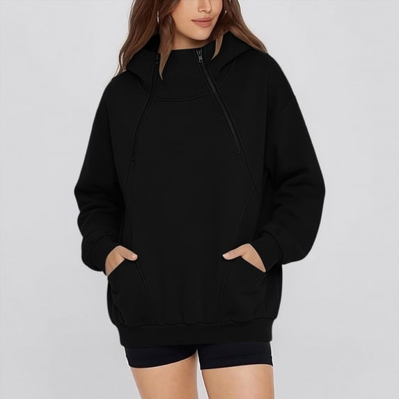 CFLVAEK Oversized Hoodies for Women Trendy Double Half Zip Pullover Hoodie with Pockets Plus Size Long Sleeve Fall Winter Sweatshirts Black L