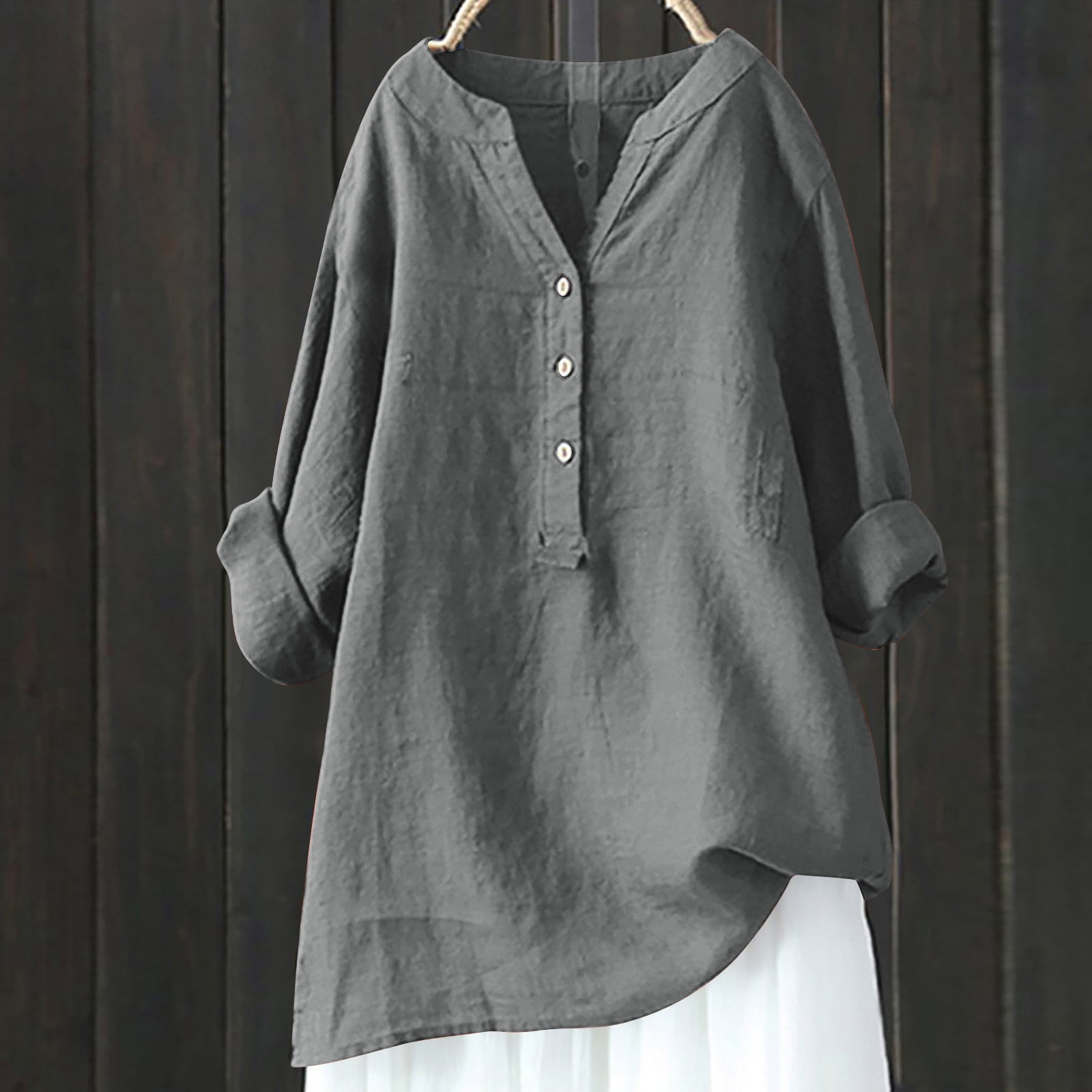 Women's Long Sleeve Henley Tunic Top - V-Neck, Button Up, Loose Casual Blouse (Grey, S-XXL) - View #13