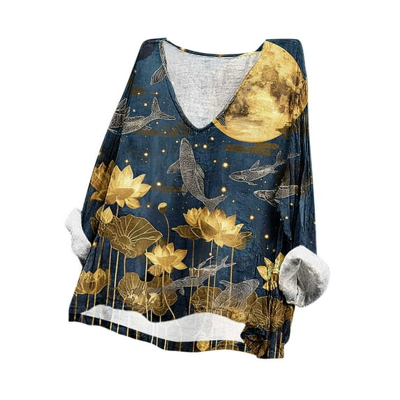 CFLVAEK Oversized Linen Long Sleeve Blouses Women Vintage Floral Print Batwing Shirt Comfy Hide Tummy Crewneck Shirts Lightweight Summer Resort T Shirt