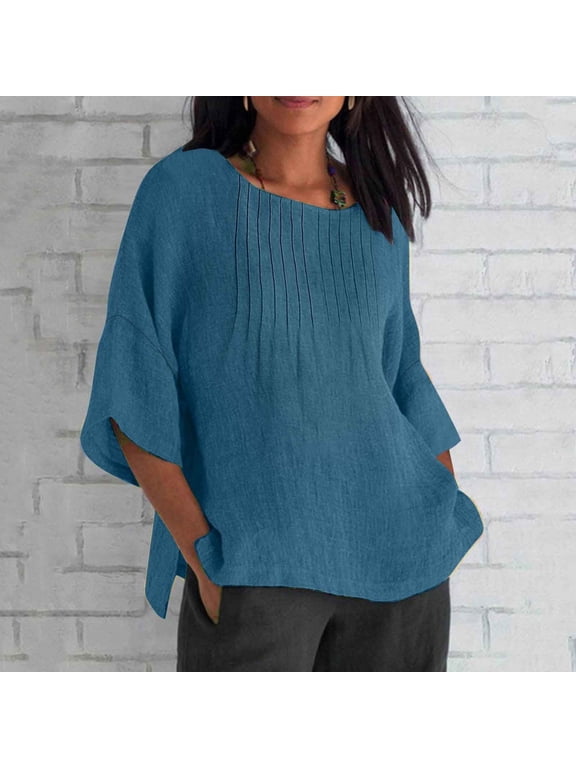 Oversized T Shirts for Women Plus Size Elbow Length Sleeve Tshirts Cotton Linen Crewneck Shirts Side Slit Going Out Tops Solid Color Summer Tees Blue XXL