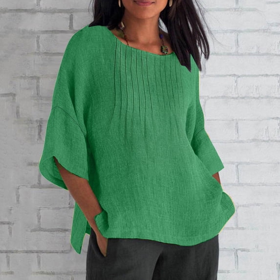 CFLVAEK Oversized T Shirts for Women Plus Size Elbow Length Sleeve Tshirts Cotton Linen Crewneck Shirts Side Slit Going Out Tops Solid Color Summer Tees Green XXXL