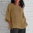 thumbnail image 1 of CFLVAEK Oversized T Shirts for Women Plus Size Elbow Length Sleeve Tshirts Cotton Linen Crewneck Shirts Side Slit Going Out Tops Solid Color Summer Tees Khaki S, 1 of 5