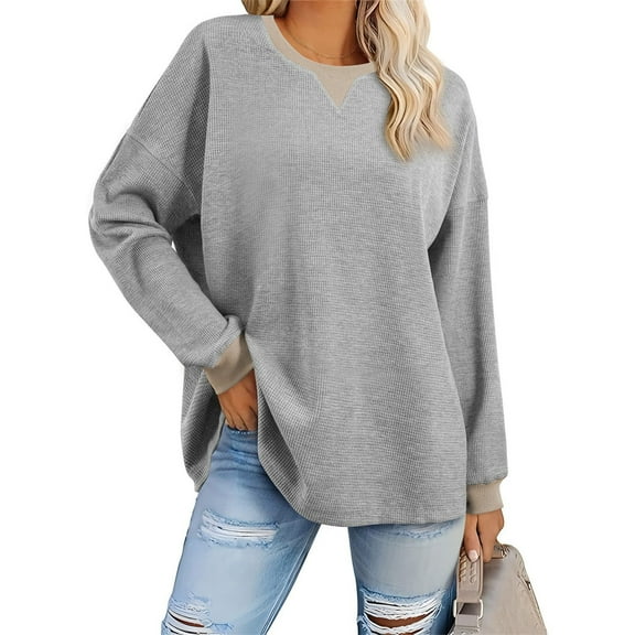 CFLVAEK Oversized T Shirts for Women Casual Long Sleeve Waffle Knit Blouses Comfy Round Neck Fall Shirts Solid Color Going Out Tops 2025Gray S