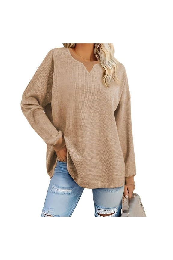 Oversized Tshirts for Women Loose Fit Waffle Knit Round Neck Pullover Tops Solid Drop Shoulder Long Sleeve Sweatshirts Coffee M