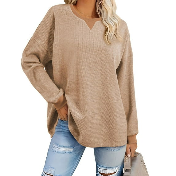 CFLVAEK Oversized Waffle Knit Shirts for Women Loose Fitted Long Sleeve T Shirts Casual Round Neck Blouse Solid Color Spring Summer Tops 2025 Coffee XXL