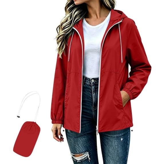 CFLVAEK Packable Rain Coat for Women Waterproof Lightweight Rain Jacket with Pockets Trendy Fall Full Zip Up Hooded Raincoat for Outdoor Hiking Travel Red XL