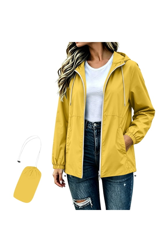 Packable Rain Coat for Women Waterproof Lightweight Rain Jacket with Pockets Trendy Fall Full Zip Up Hooded Raincoat for Outdoor Hiking Travel Yellow XL