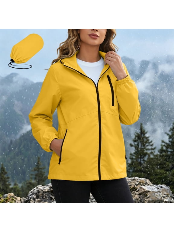 Packable Rain Jacket for Women Lightweight Waterproof Outdoor Hiking Rain Coat with Hood Full Zip Up Long Sleeve Windbreaker with Pockets Yellow S