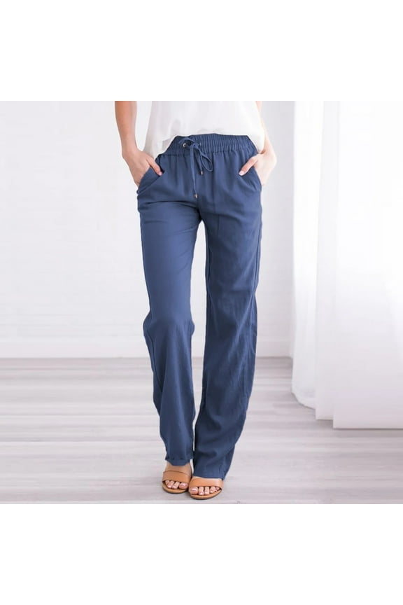 Petite Women Slim Leg Lounge Trouser with Drawstring and Pocket Elastic High Waist Office Pant Baggy Solid Beach Trousers Casual Tall Length Going Out Pants Blue S