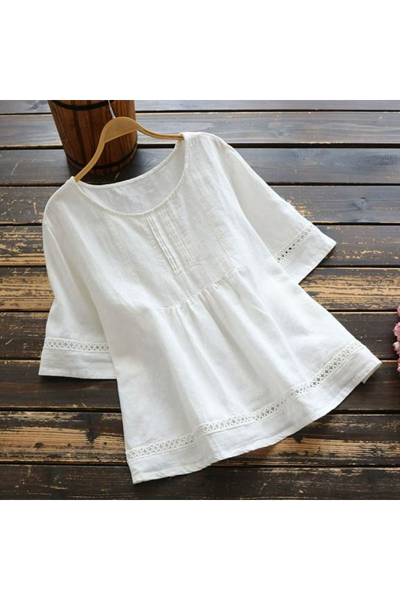 Petite Women's Breathable Lightweight Shirt Comfy Loose Fit Eyelet Cotton Linen Blouses Short Sleeve Round Neck Tunic Tops Loose Fitting Tee