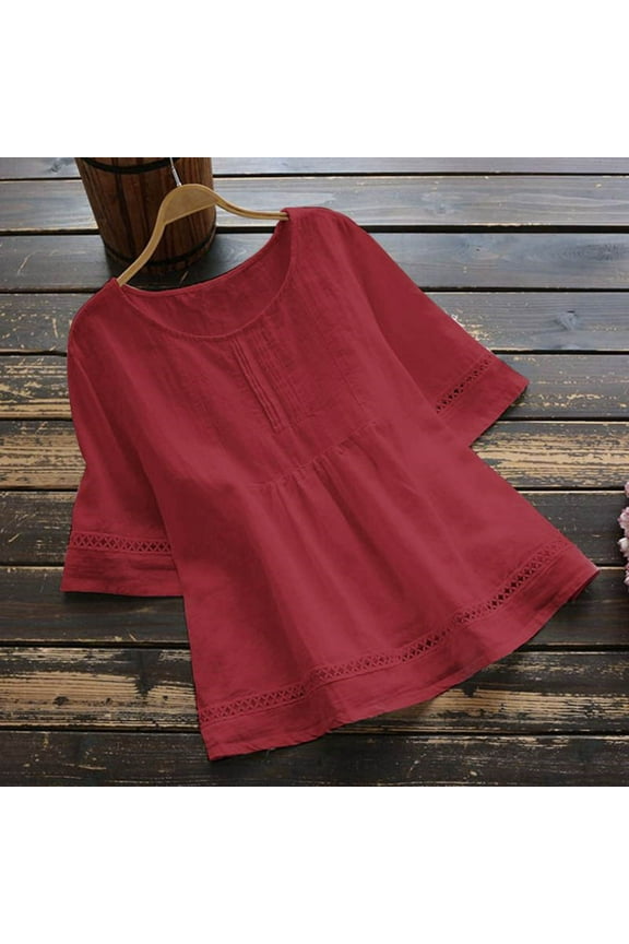 Petite Women's Breathable Lightweight Shirt Comfy Loose Fit Eyelet Cotton Linen Blouses Short Sleeve Round Neck Tunic Tops Loose Fitting Tee