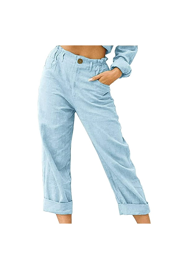 Petite Women's High Waist Capri Pants with Side Pockets Comfy Lightweight Cotton Linen Capris Straight Wide Leg Lounge Trousers Classic Plain Color Culottes Pants