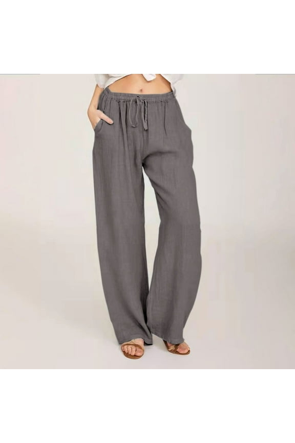 Petite Womens Lounge Pants Tall Elastic High Waist Wide Leg Pants Lightweight Beach Trousers Moisture Wicking Full Length Cotton Linen Slacks Dark Gray S