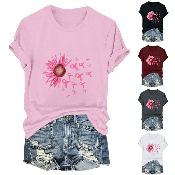 CFLVAEK Pink Ribbon Graphic Tees for Women Breast Cancer Awareness Gifts Tshirt Comfort Short Sleeve Tees Loose Round Neck Tops XXL