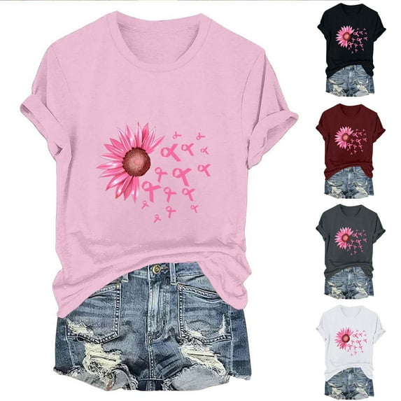 CFLVAEK Pink Ribbon Graphic Tees for Women Breast Cancer Awareness Gifts Tshirt Comfort Short Sleeve Tees Loose Round Neck Tops XXL