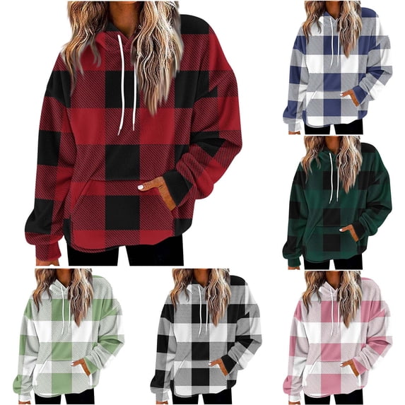 CFLVAEK Plaid Hoodies for Women Flannel Long Sleeve Hooded Sweatshirts Fall Fashion Drawstring Pullover Tops with Pockets Navy L