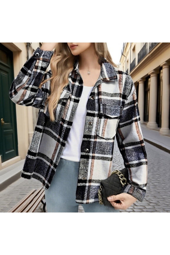 Plaid Jackets for Women Trendy Shacket Casual Lapel Button Down Jacket Loose Fit Long Sleeve Fall Outfits with Pockets Black M