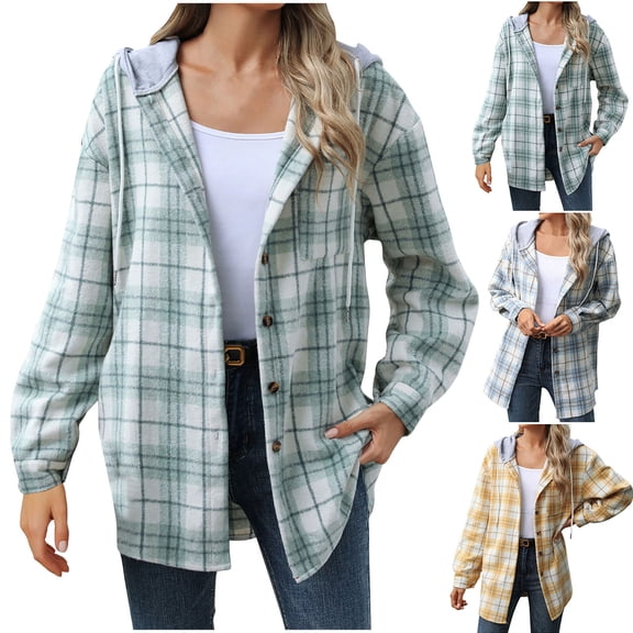 CFLVAEK Plaid Jackets for Women with Hood Trendy Fall Shackets Loose Long Sleeve Hooded Jacket Casual Button Down Hoodies 2025 Yellow XL