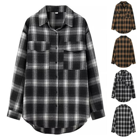 CFLVAEK Plaid Shirt Jacket Women Casual Button Down Coat Loose Fitted Long Sleeve Lapel Tops Fashion Fall Jackets with Pocket Black S