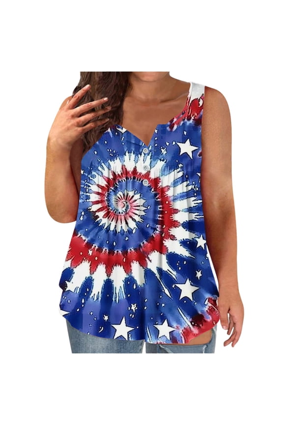 Plus Size 4th of July Tank Top for Women Fashion Red White and Blue Tie Dye Graphic Shirts Independence Day Loose Fit Sleeveless Tank Tops XXL