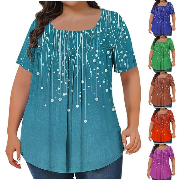 CFLVAEK Plus Size Blouse for Women Summer Casual Short Sleeve Pleated Blouses Loose Fit Square Neck T Shirts Fashion Graphic Tops Blue XL