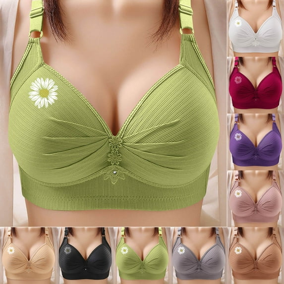 CFLVAEK Plus Size Bras for Women Comfort Wireless Everyday Bralettes Breathable Full Coverage Brassiere Daisy Print Push Up Bras for Senior Ladies Green XL