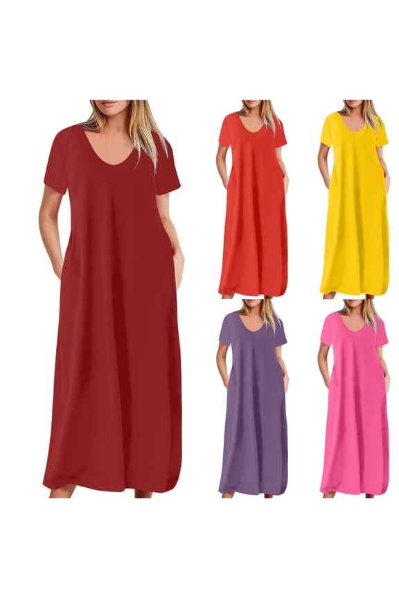 Plus Size Summer Dresses for Women with Pockets Casual Short Sleeve Maxi Dress Loose Fit V Neck Sundress Plain Color Lounge Dress Purple XXL