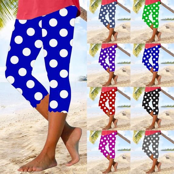 CFLVAEK Plus Size Capri Leggings for Women High Waisted Tummy Control Yoga Pants Stretch Soft Cropped Pants Fashion Polka Dot Print Beach Capris Green XXL