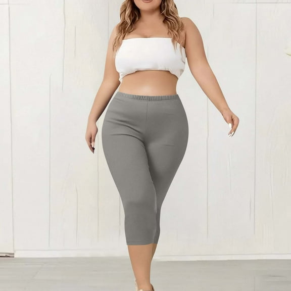 CFLVAEK Plus Size Capri Leggings for Women Lightweight Soft Stretch Cropped Legging High Waisted Workout Capris Pants Solid Color Summer Vacation Crop Pants Gray M
