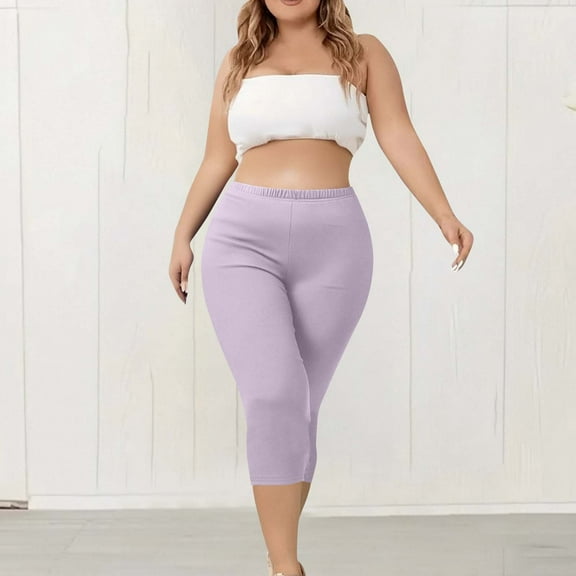 CFLVAEK Plus Size Capri Leggings for Women Lightweight Soft Stretch Cropped Legging High Waisted Workout Capris Pants Solid Color Summer Vacation Crop Pants 2025 Pink S