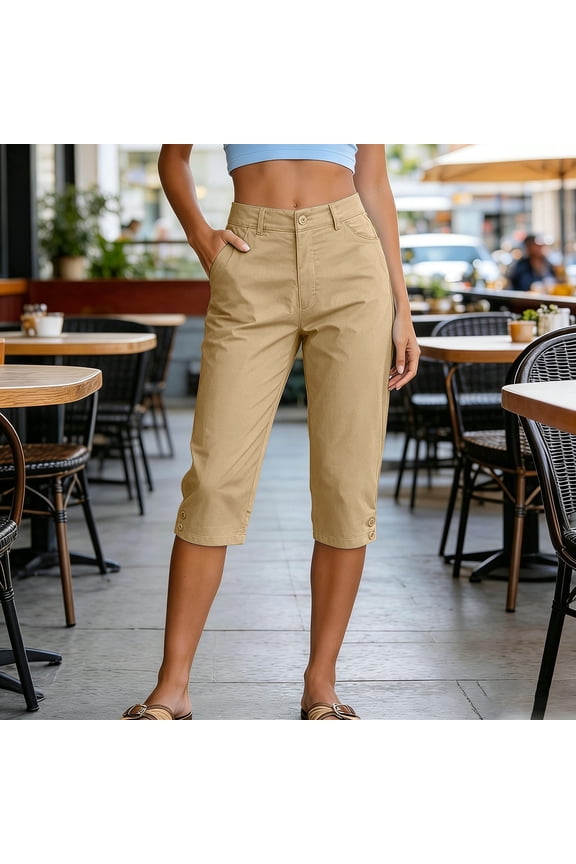 Plus Size Capri Pants for Women with Pockets Straight Leg Chino Capris High Waisted Summer Causl Crop Pant Khaki XXL