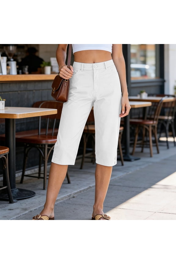 Plus Size Capri Pants for Women with Pockets Straight Leg Chino Capris High Waisted Summer Causl Crop Pant White XXL
