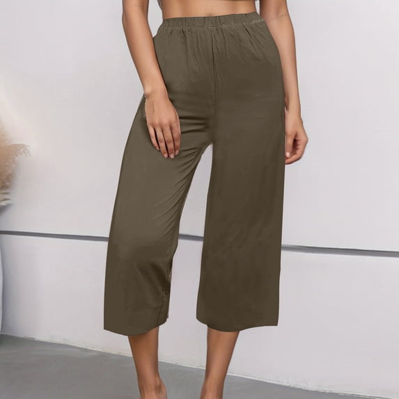 CFLVAEK Plus Size Cotton Linen Pants Women Solid Wide Leg Capris Casual Elastic Mid Rise Lounge Pant Loose Fit 3/4 Length Capri Pant