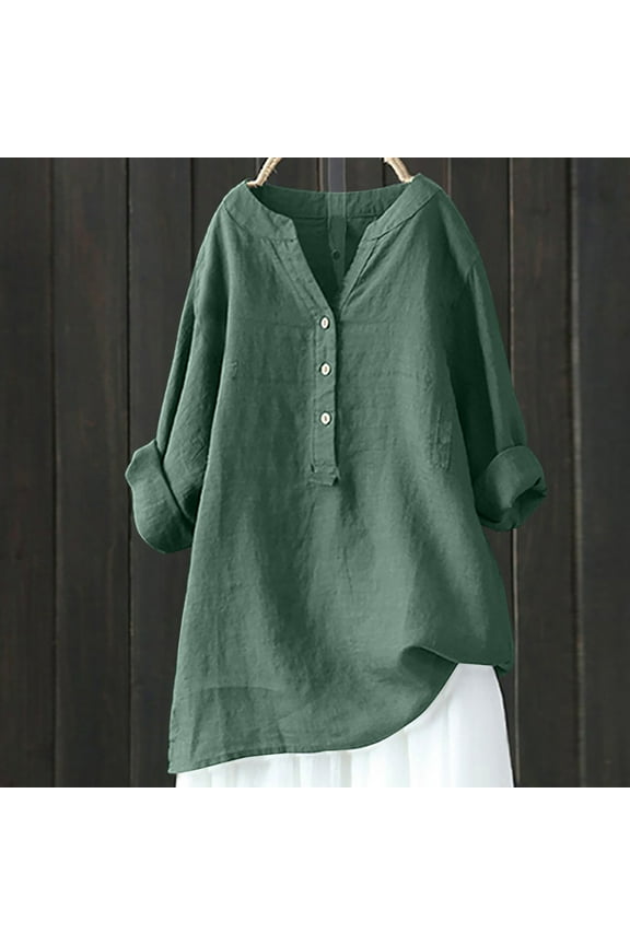 Plus Size Cotton Linen Shirts for Women Oversized Summer Vacation Blouses Loose Fitting V Neck Button Up Tops Solid Long Sleeve Henley Shirts